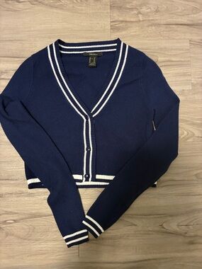 Forever 21 Navy Cardigan with White Striped Trim